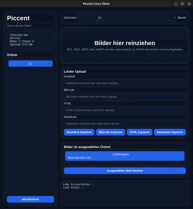 Screenshot des Piccent Linux Upload-Clients